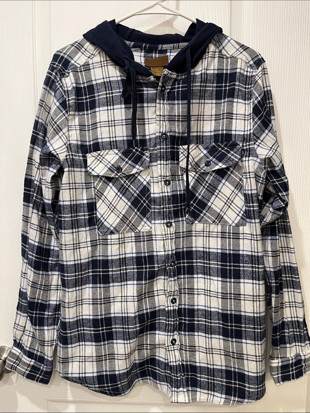 Rugged Exposure Navy and White Plaid Hooded Flannel Shirt